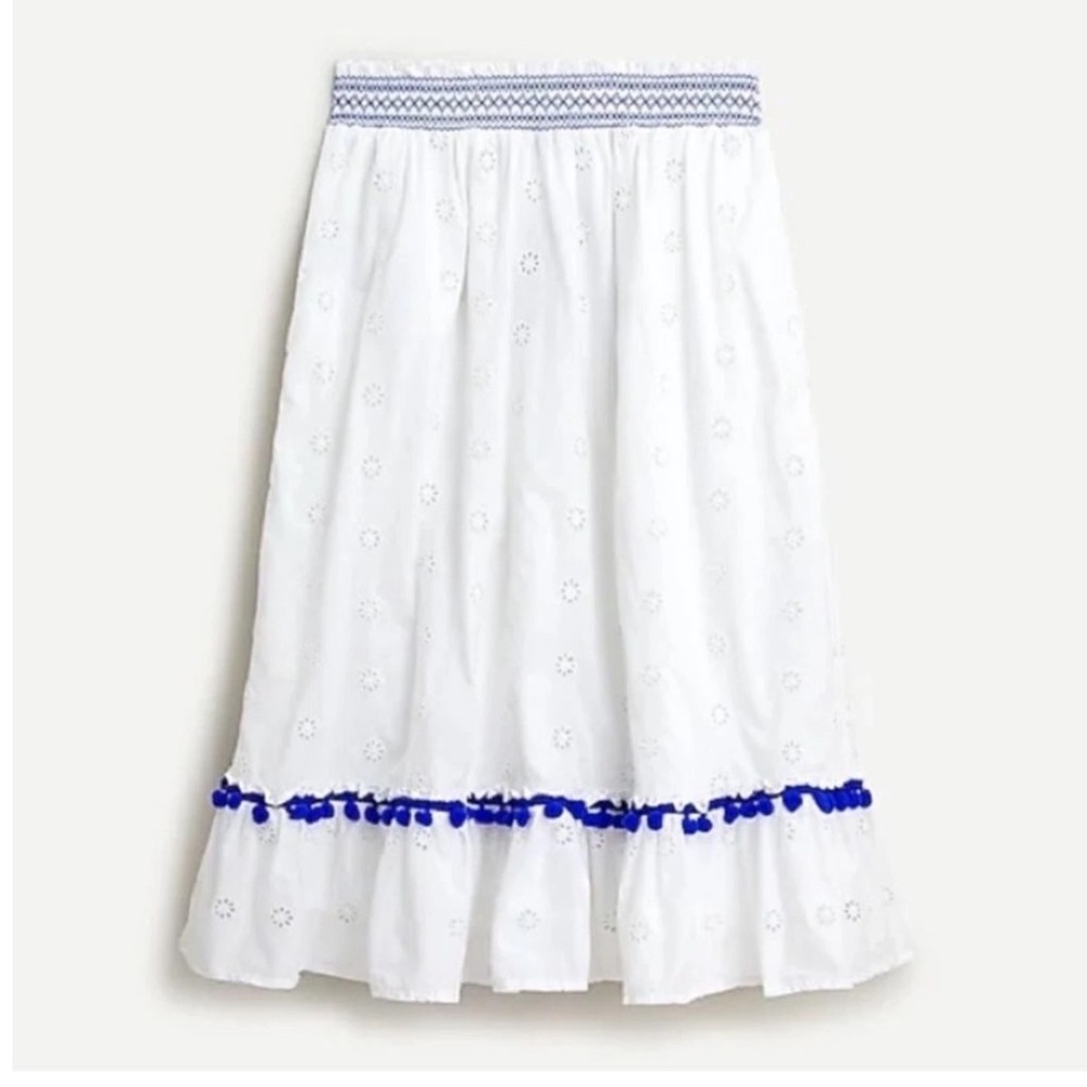 J.Crew White Eyelet Cotton Midi Skirt Blue Pom Pom Smocked Waist Smocked XXS